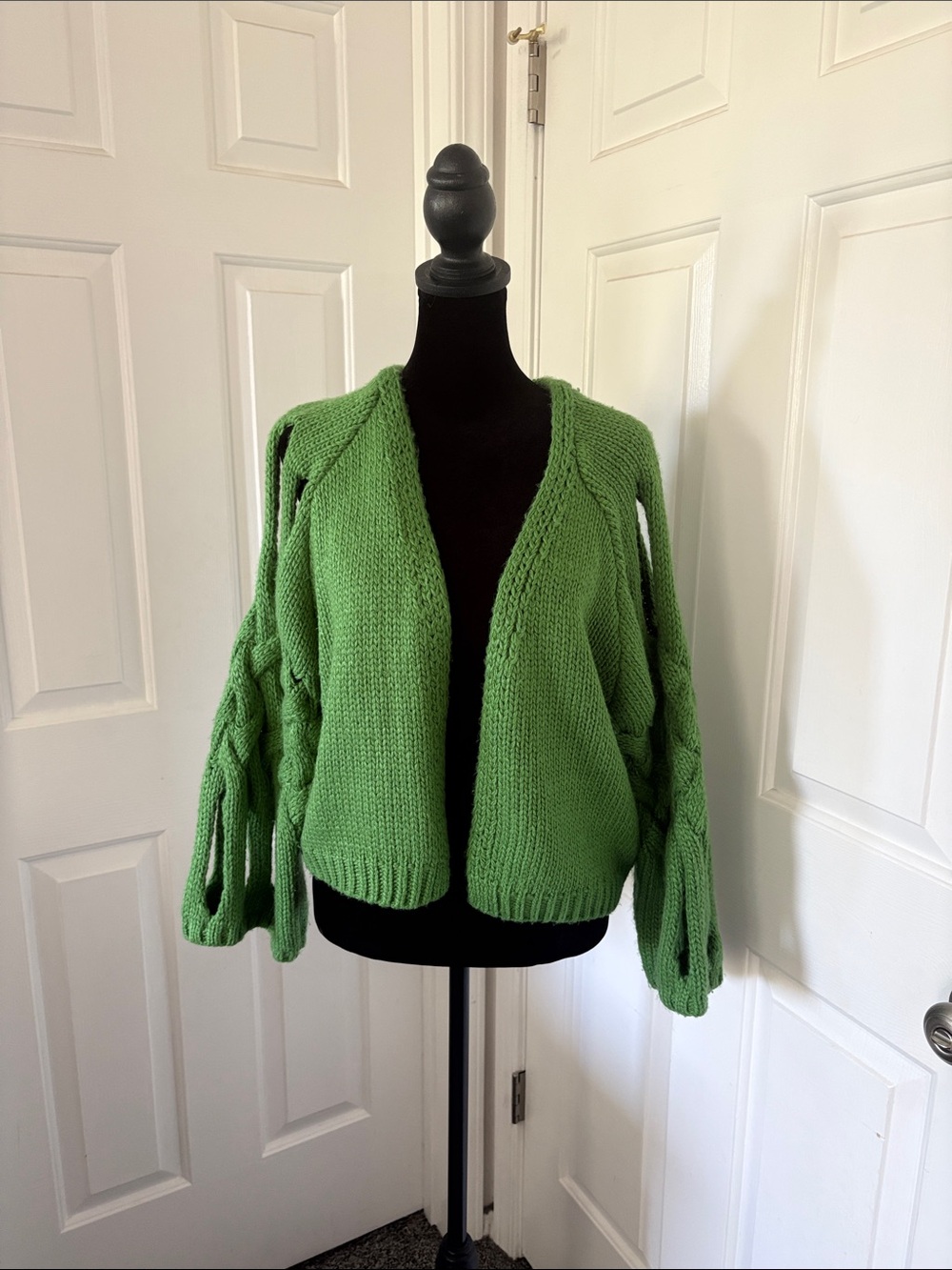 Maeve Green Open-Front Braided Sleeve Cardigan